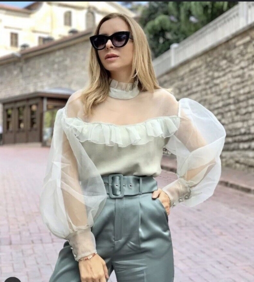 🆕ZARA | Organza Knit Top Sea Foam Green Ruffle Sheer Sweater Top Size Large - Picture 2 of 16